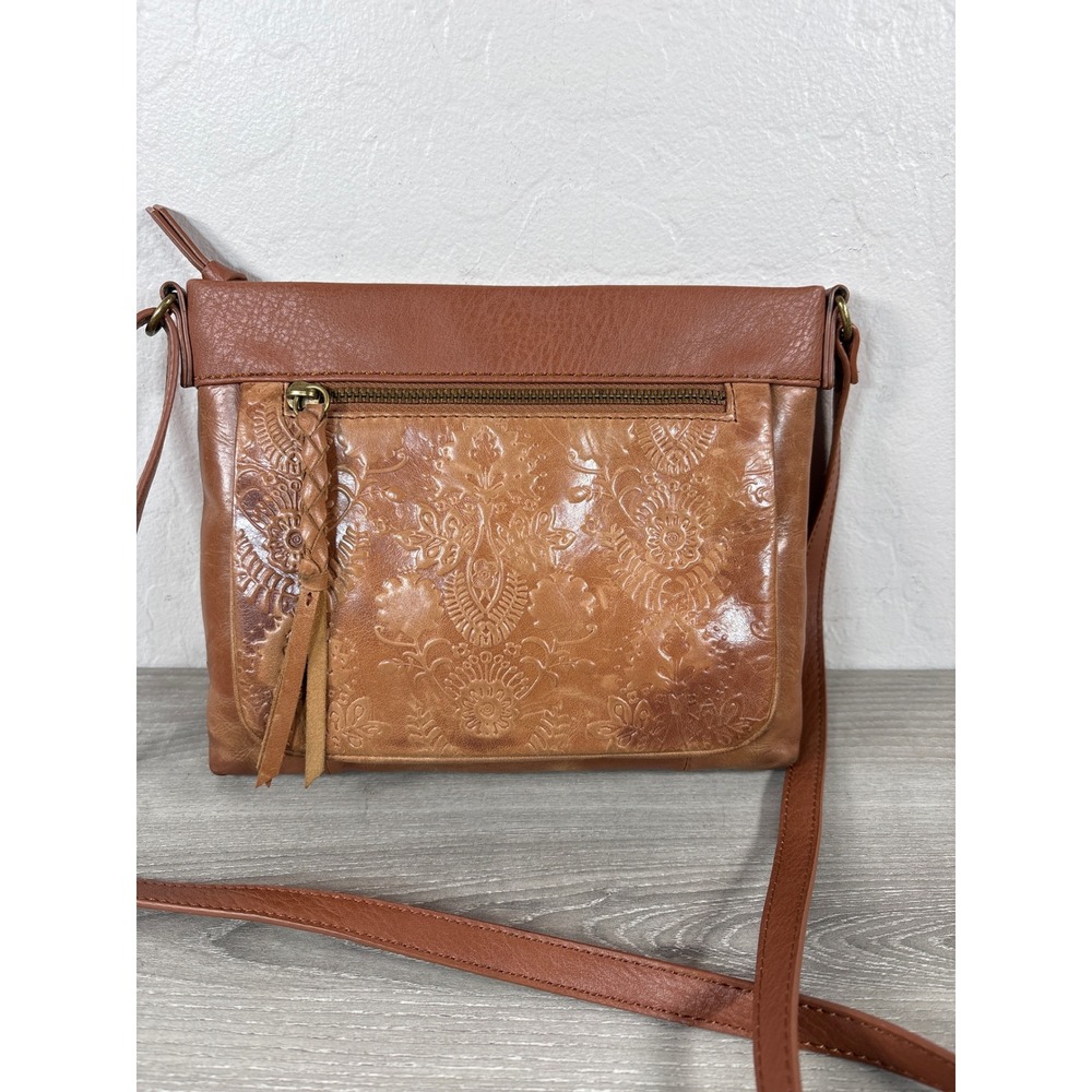 The Sak Sanibel Leather Crossbody Bag Tobacco Floral Embossed Brown Western Boho